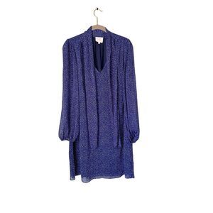 Yin women’s blue and white polkadot long sleeve V-neck mini dress size large￼